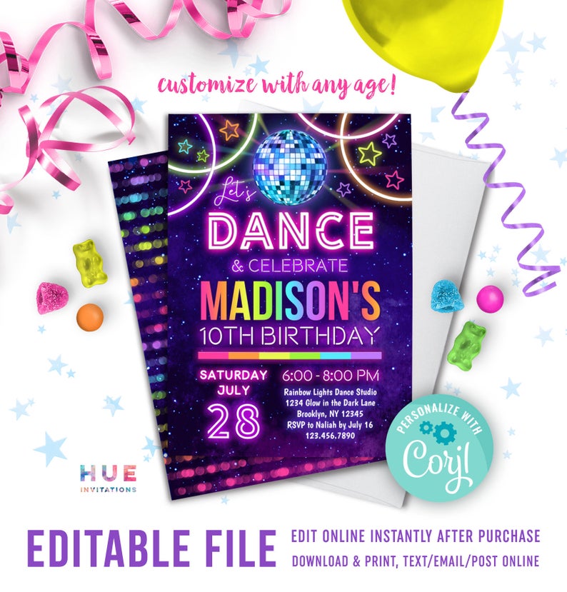 dance party birthday invitation instant download | glow rainbow girls disco birthday editable invitation | stars space galaxy disco ball