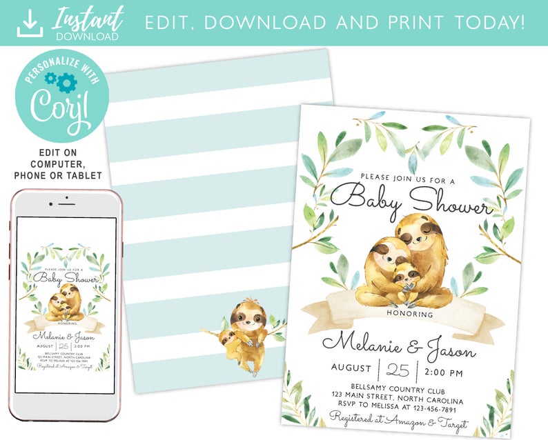 Baby Shower Invitation Sloth Family Invite Instant Download Editable Template Corjl