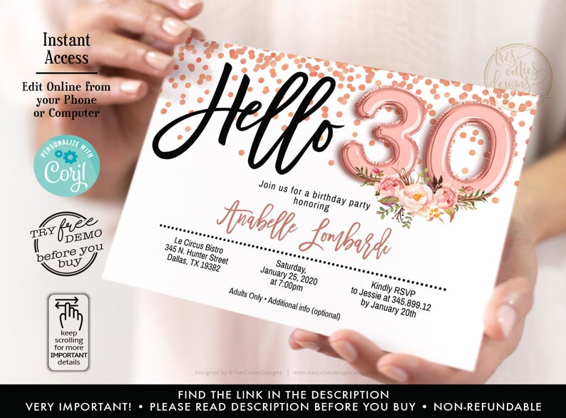 Hello 30 Invitation, 30 Birthday Invitations, Thirty Birthday Invitation, Floral Invites, Editable, Rose Gold Confetti, Edit with Corjl,
