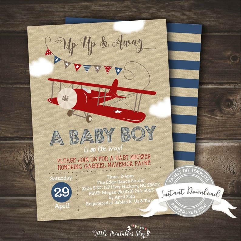 Airplane Baby Shower Invitation, Up Up and Away Invite, Boy Baby Shower, Editable & Printable, Digital, Instant Access, EDIT NOW with Corjl