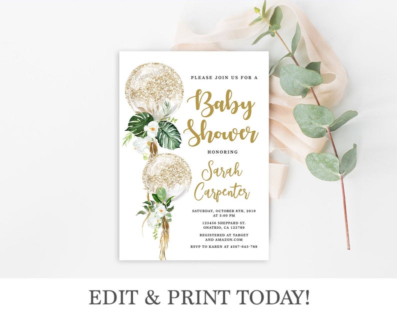 Baby Shower balloon Invitation, white and gold, tropical leaves Balloon Party, gender neutral Instant Download Editable Corjl invite