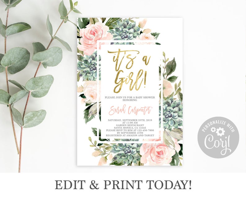 Succulents baby shower invitation girl, it’s a girl, instant download editable Corjl invitation template