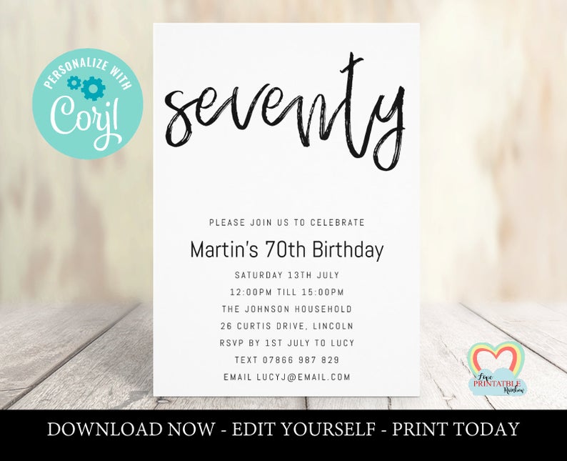Printable 70th Birthday Invitation Black and White | Editable Template | 70 | seventy | 70th Birthday Invite | simple invitation | minimal