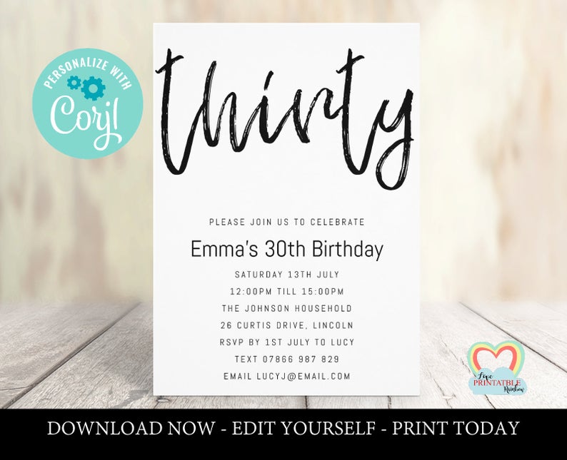 Printable 30th Birthday Invitation Black and white | Editable Template | 30 | thirty | 30th Birthday Invite | simple Invitation | minimal