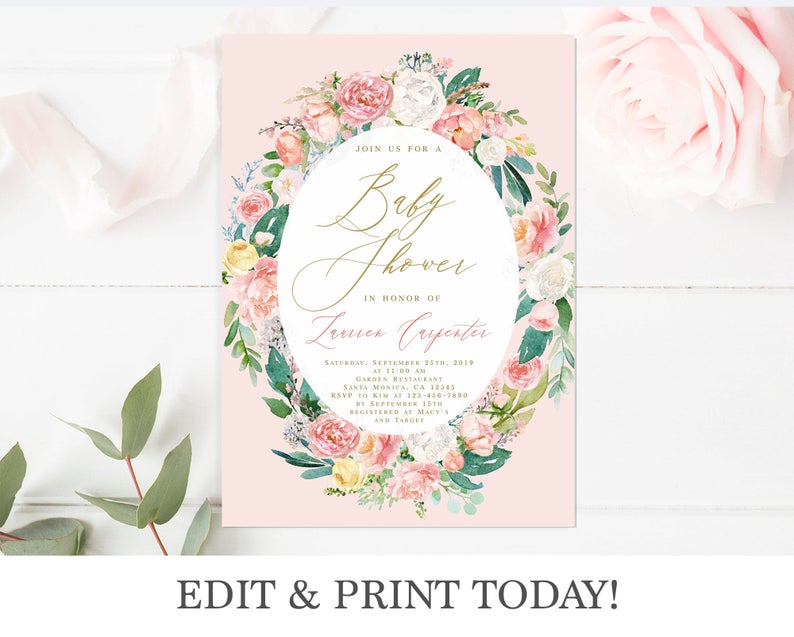 Romantic Baby Shower invitation, boho pink floral baby invite, instant download editable baby shower invitation, lush flowers
