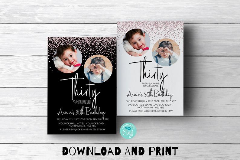 Printable 30th Birthday Invitation Faux Pink Glitter 30th Birthday Invite Add Two Photos 102 Instant Download Printable