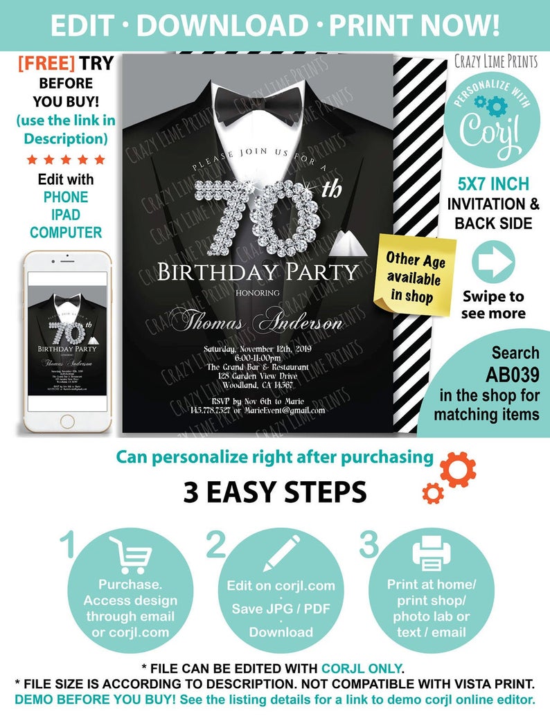 70th birthday invitation. Suit black tie event. INSTANT DOWNLOAD gala dinner birthday party editable personalise digital invite. PDF AB039