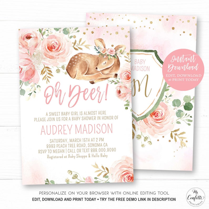 Girl Baby Shower Invitation, Printable Baby Shower Invitation, EDITABLE Invitation Template, Blush Pink, Baby Deer, Oh Deer!, MCP838, CJB