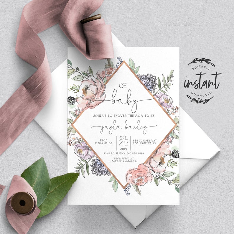 Baby Shower Invite, Greenery Baby Shower Invitation, Floral Garden baby shower, invitation template, digital download printable, 68