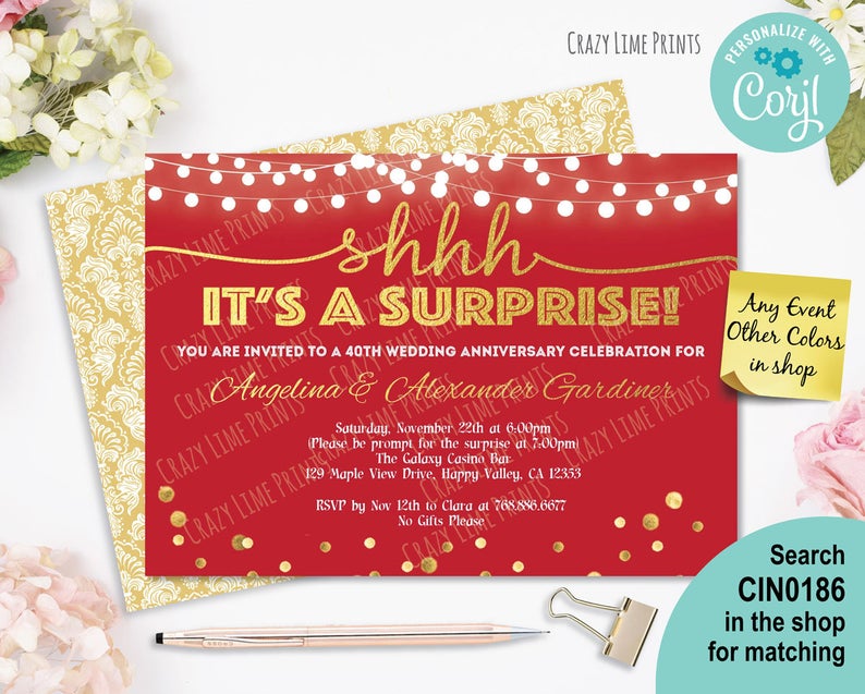 Surprise ruby anniversary invitation. Ruby red gold 40th wedding anniversary. EDITABLE printable PDF file. Corjl Instant download. CIN0186