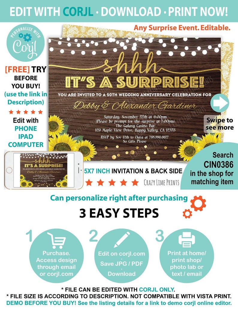 Surprise 50th anniversary invitation. EDITABLE rustic wood sunflower golden wedding anniversary. Instant download printable PDF file CIN0386
