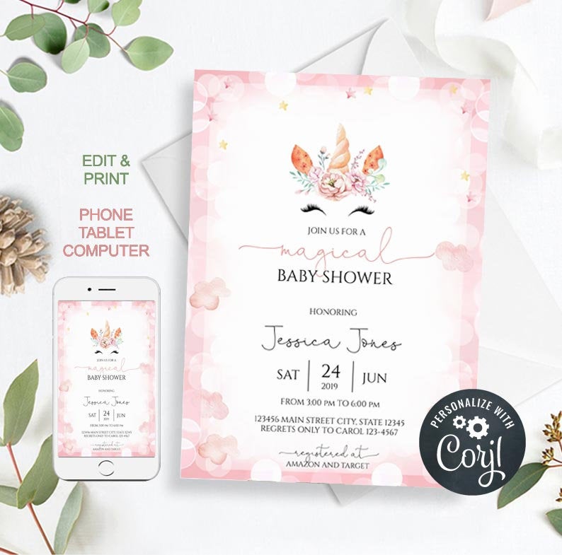 Baby Shower Invitation, Unicorn Baby Shower Invitation, Baby Shower Invites, Unicorn Baby Shower, baby shower, invitation, template, byh416