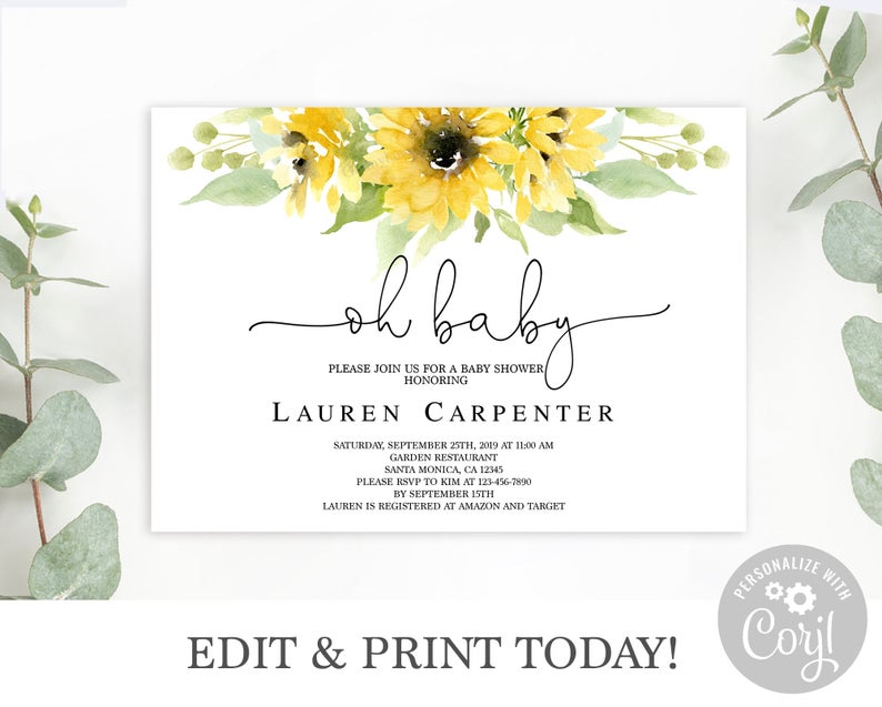 Editable template Sunflower Baby shower Invitation, Oh baby rustic Invite, instant download, Country yellow floral Invite, Corjl invitation