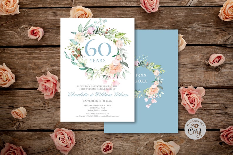 60th – 75th Anniversary Invitation Template, Diamond Wedding, Roses Garland Greenery, Instant Download Printable Invite, Corjl Template