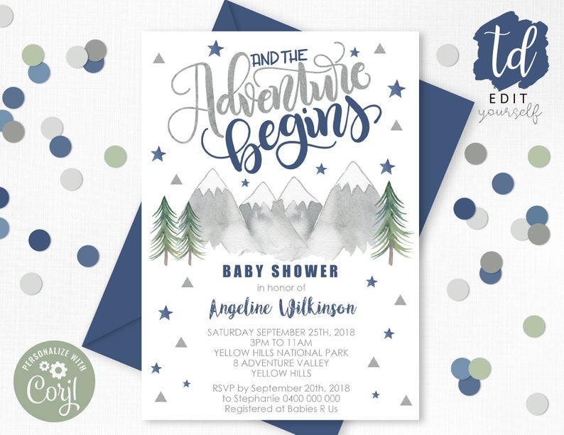 Navy ADVENTURE BEGINS Baby Shower Invitation Boy Adventure Baby Shower Invitation Corjl Navy Adventure Begins Invitation Editable Baby