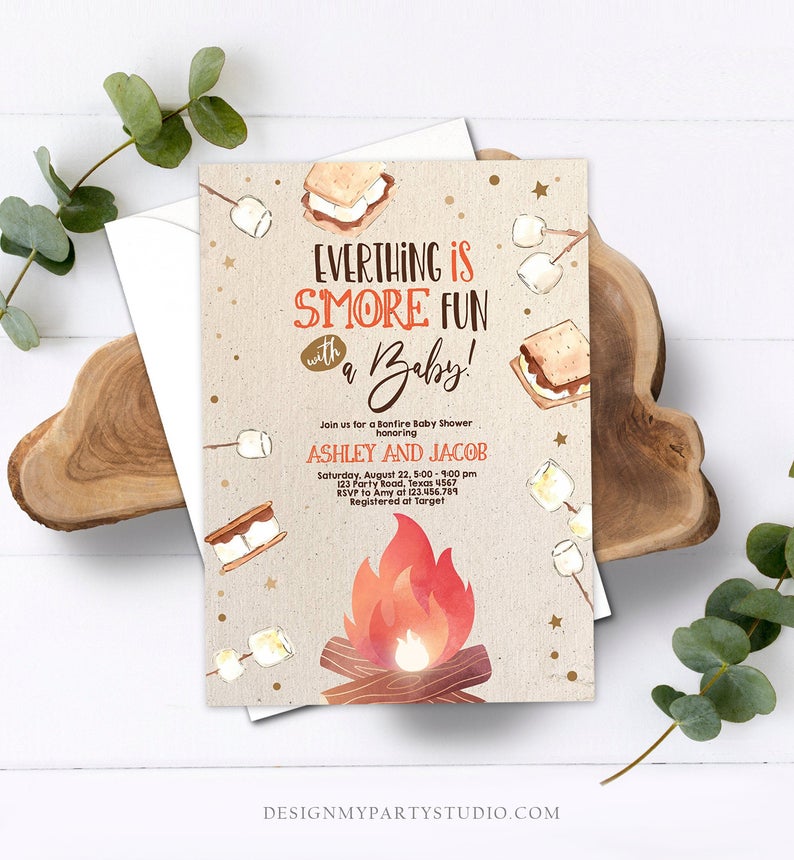 Editable S’more Baby Shower Invitation Bonfire Baby Shower Autumn Couples Shower Invite Fall Smores Neutral Printable Template Corjl 0179