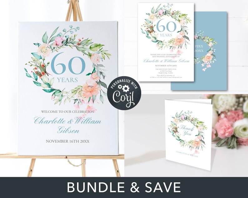 60th 75th Anniversary Celebration Bundle, Diamond Wedding Invitation, Welcome Sign, Thank You Card, Roses Garland, Editable Printable, Corjl