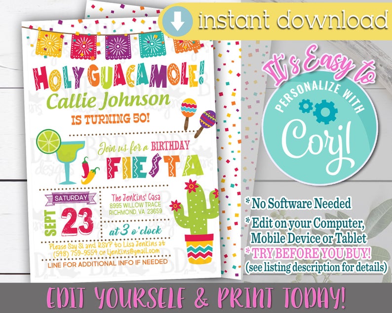 Holy Guacamole Birthday Invitation, Holy Guacamole, Fiesta Birthday Invitation, Fiesta Birthday Invitation Template, Fiesta Birthday Invite