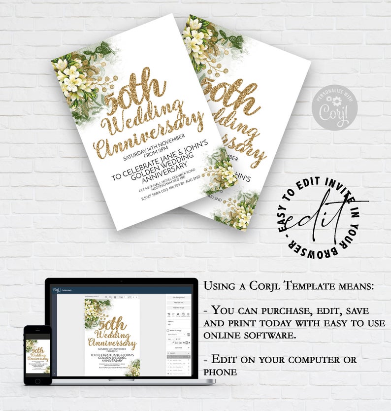 50th Wedding Anniversary Party Invitation Gold and Cream Floral Editable Golden Anniversary Invitation 50th Invitation Instant Download