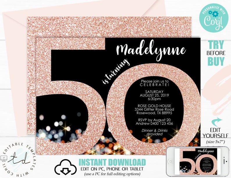 Rose Gold 50th Birthday Invitation Instant Download Invitations 50th Birthday invitation for women 50th Birthday Invitation Corjl 50th Party