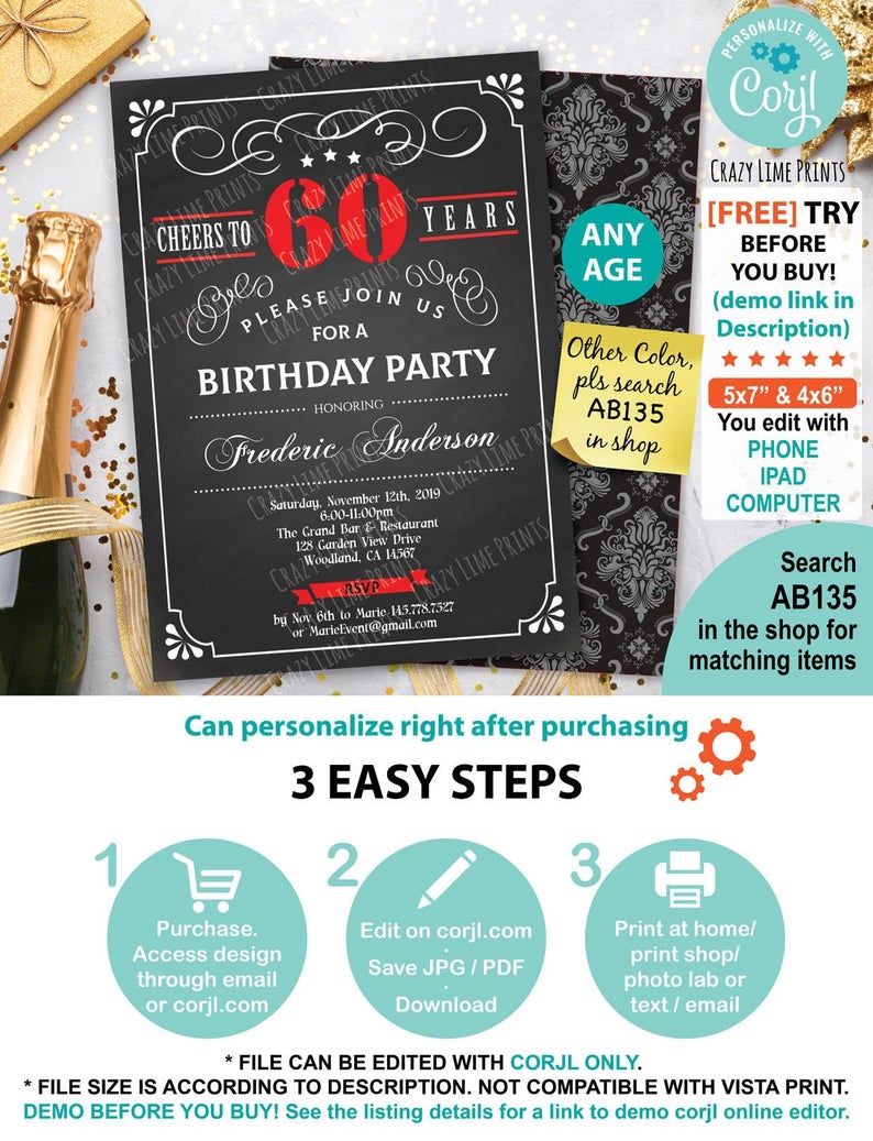 Red 60th Birthday invitation. EDITABLE cheers to 60 year invite template. Retro chalkboard. Any age. Adult bday printable personalise. AB135