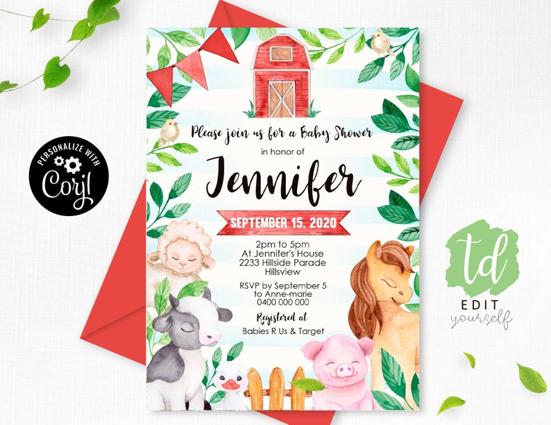 FARM BABY SHOWER Invitation Instant Download Farm Animals Baby Shower Invitation Editable Farm Baby Shower Invite Boy Barnyard Baby Corjl