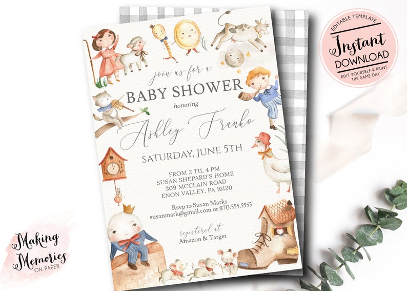 Nursery Rhyme Baby Shower Invitation, Book Baby Shower, Mother Goose Invitation, Humpty Dumpty, Instant download Edit yourself