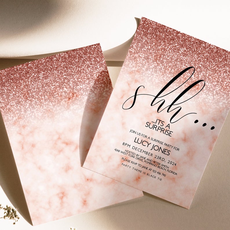 Surprise Birthday Invitation Shhh it’s a Surprise Party Birthday Invitation Rose Gold Woman Birthday Invitation 40th birthday 50th30th