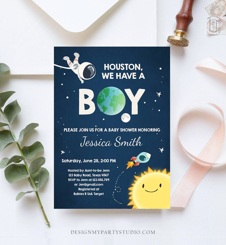 Editable Space Baby Shower Invitation Astronaut Rocket It’s a Boy Space Ship Boy Blue Invitation Template Instant Download Corjl 0046