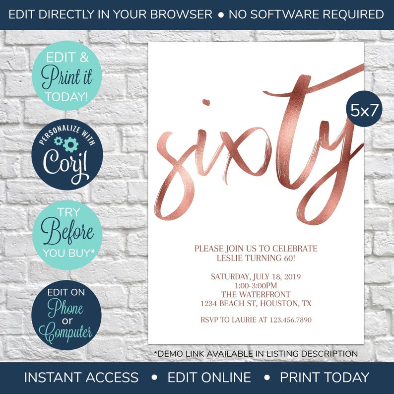 EDITABLE Rose Gold 60th Birthday Invitation, Elegant 60th Invitation, Surprise Birthday Party, 60th Birthday Invite, Female, Adult Birthday