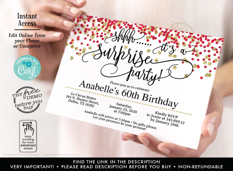 Surprise 60th birthday invitation, Red and Gold Confetti, 60th birthday invitations, 60th birthday Edit YOURSELF, Template with Corjl