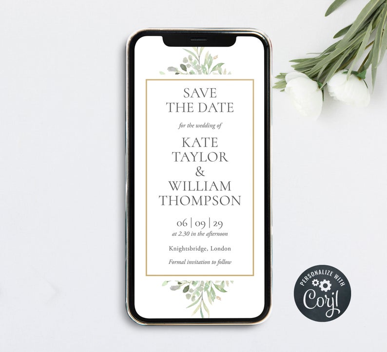Save the Date Evite Template, Phone Invitation, Digital Invite, Editable, Instant Download, Floral Greeney, Wedding, Engagement, Bridal
