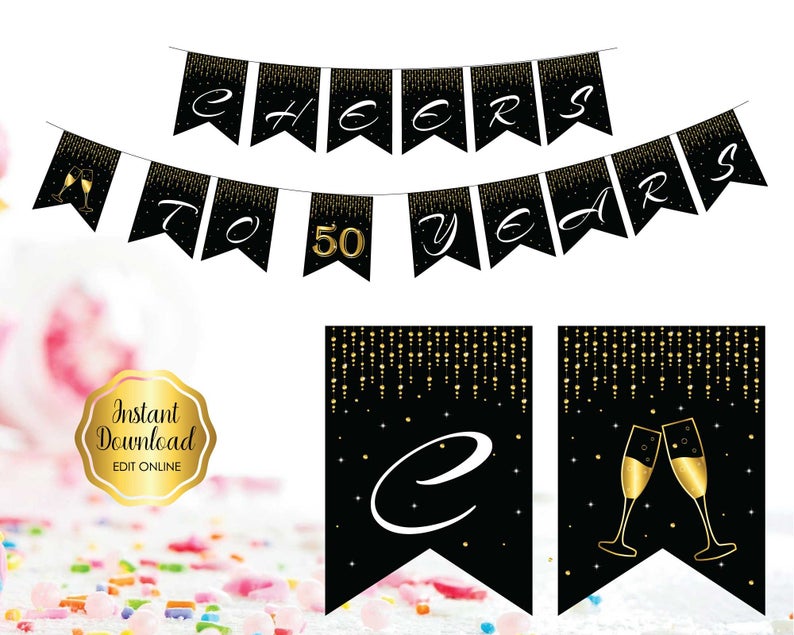 50th Party Pennant Banner, 50th Birthday Pennant Banner| Bundle Offer Available | Personalize Online with Corjl | DIGITAL PRINTABLE FILES