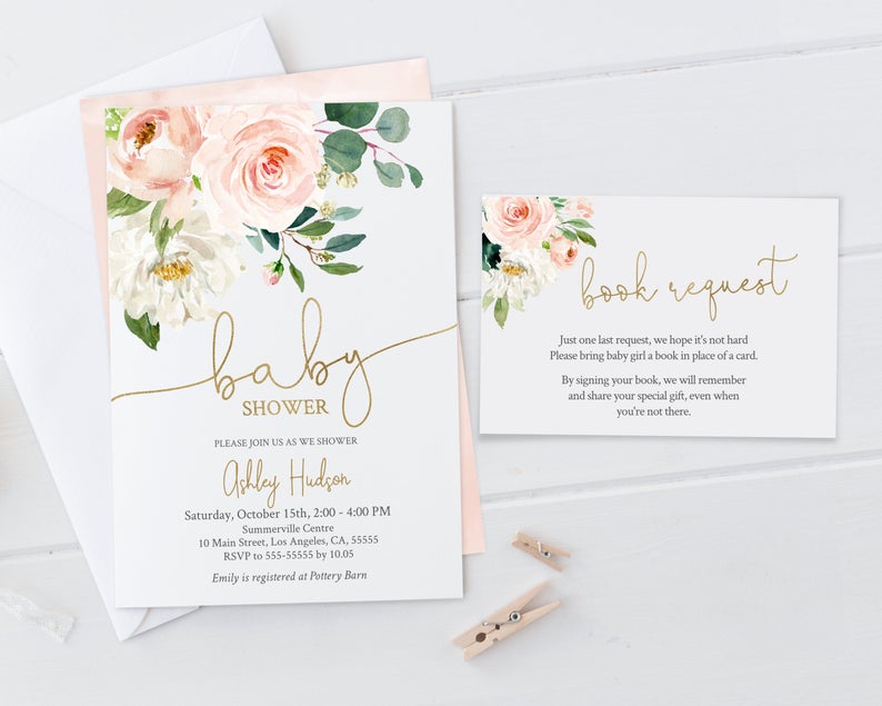 Girl Baby Shower Invitation, Book request Insert Card, Invitation Kit Bundle, Dusty Blush Floral, Calligraphy Gold, Editable Template, DBB04