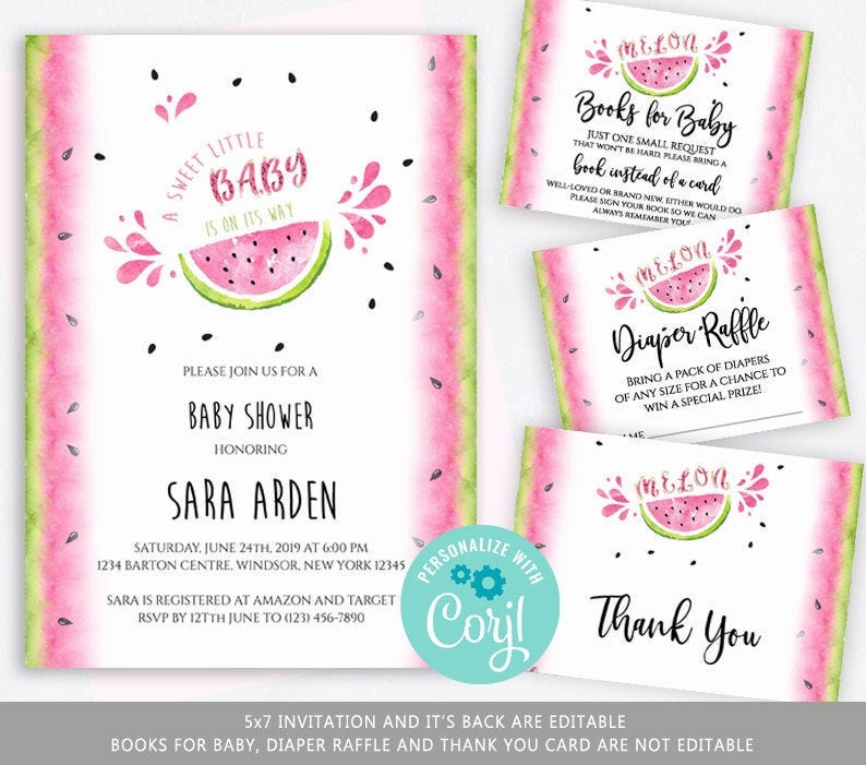 Editable Watermelon Baby Shower Invitation Set, Baby Shower Invitation Pack, Melon baby shower printable invites diaper raffle byh479