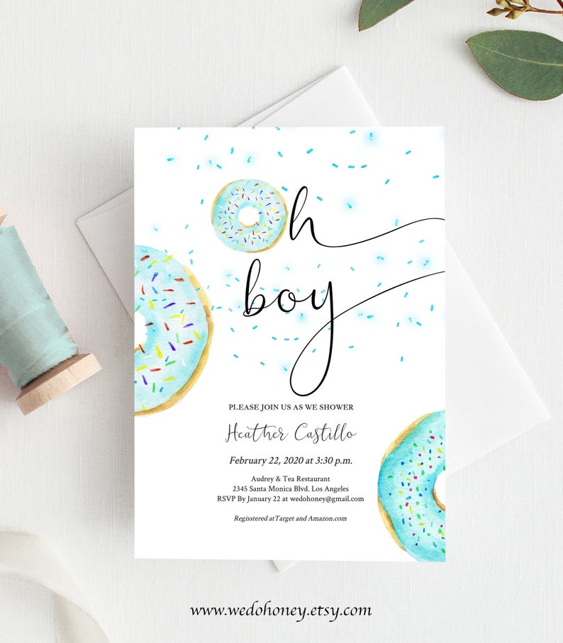 Donut Baby Shower Invitation for a Boy, Blue Donuts, Editable Text with Corjl, Instant Download