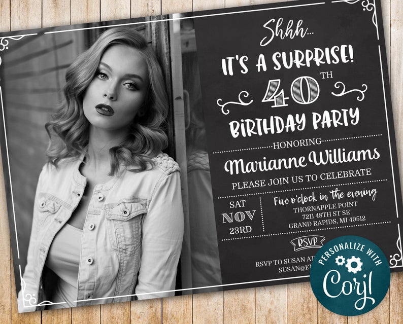 Surprise 40th Birthday Invitation FORTY Invite Party Chalk Board Photo Digital INSTANT DOWNLOAD 5×7 – Editable – adult mens womans