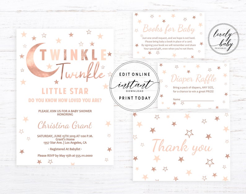 Editable Twinkle Little Star Baby Shower Invitation Template Rose Gold Shower Party Invite DIY Baby Girl Shower Pack Stars Baby Sprinkle Set
