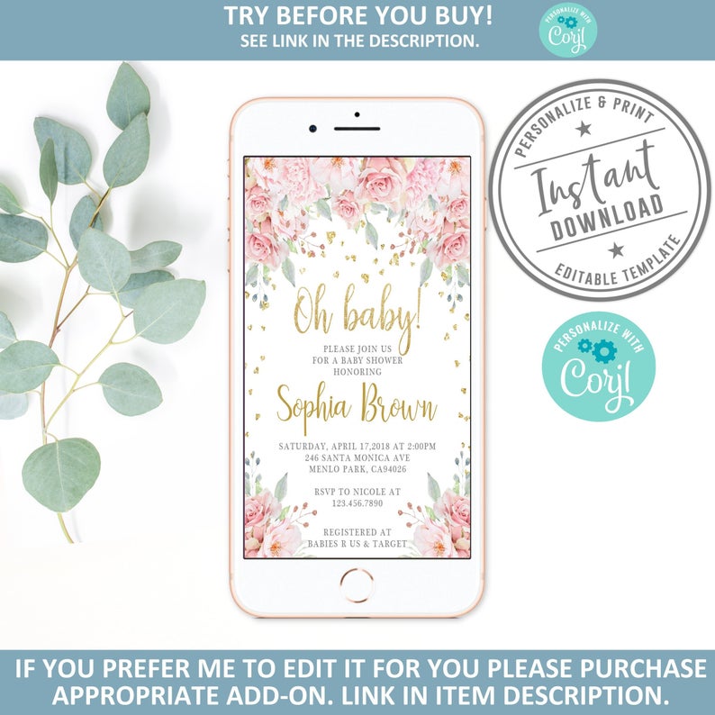 EDITABLE Electronic Baby Shower Invitation, Corjl Template, Oh Baby, Instant download, iPhone, SMS, Email, Smartphone, Pink Flowers, BS125