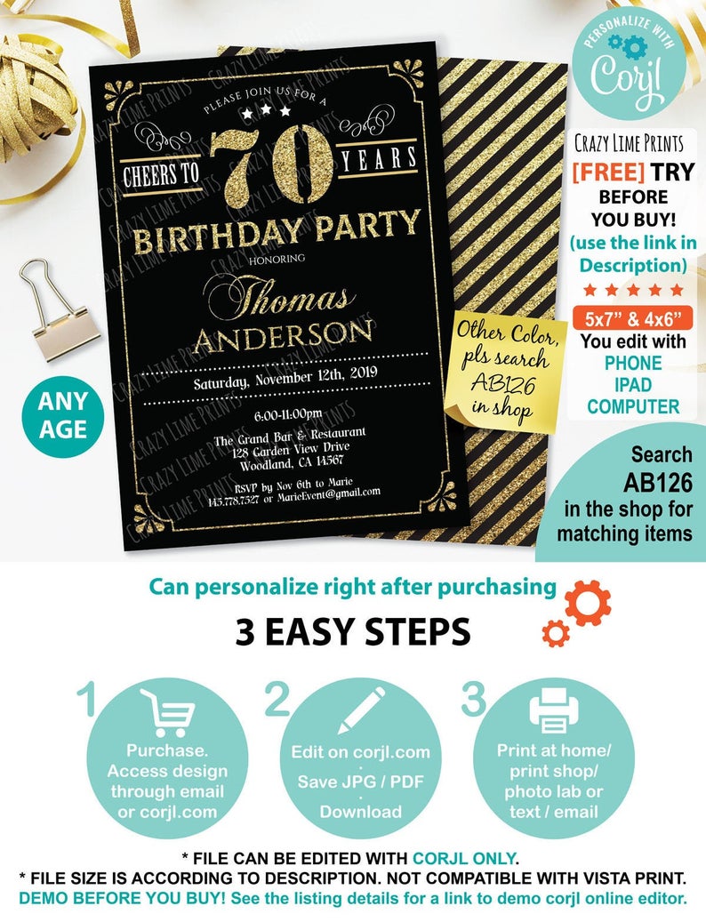 Cheers to 70 years birthday INSTANT DOWNLOAD black and gold 60th bday editable invitation. Edit online with Corjl. Personalised PDF AB126