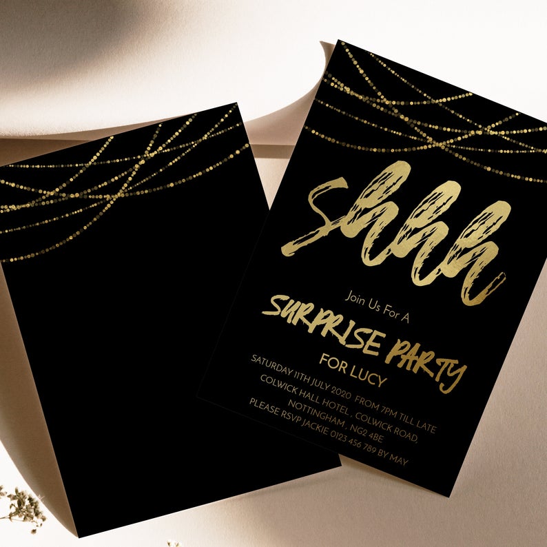 Surprise Birthday Invitation Editable Shhh it’s a Surprise Party Birthday Invitation Black Gold For Him Birthday Invitation 40th 50th