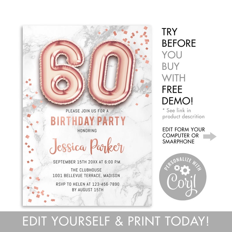 60th Birthday Party Invitation – INSTANT DOWNLOAD Digital Template. Rose Gold Balloons. Marble Pattern.