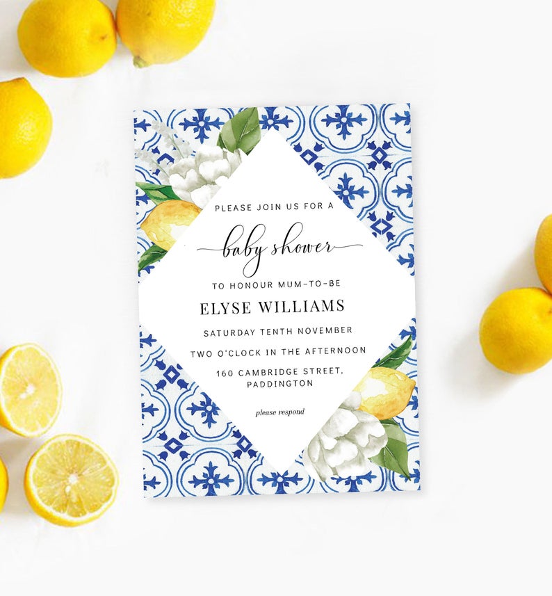 Mediterranean Blue Tile Baby Shower Printable Invitation – Lemons – Gender Neutral Baby Shower – Editable Instant Download – The Med