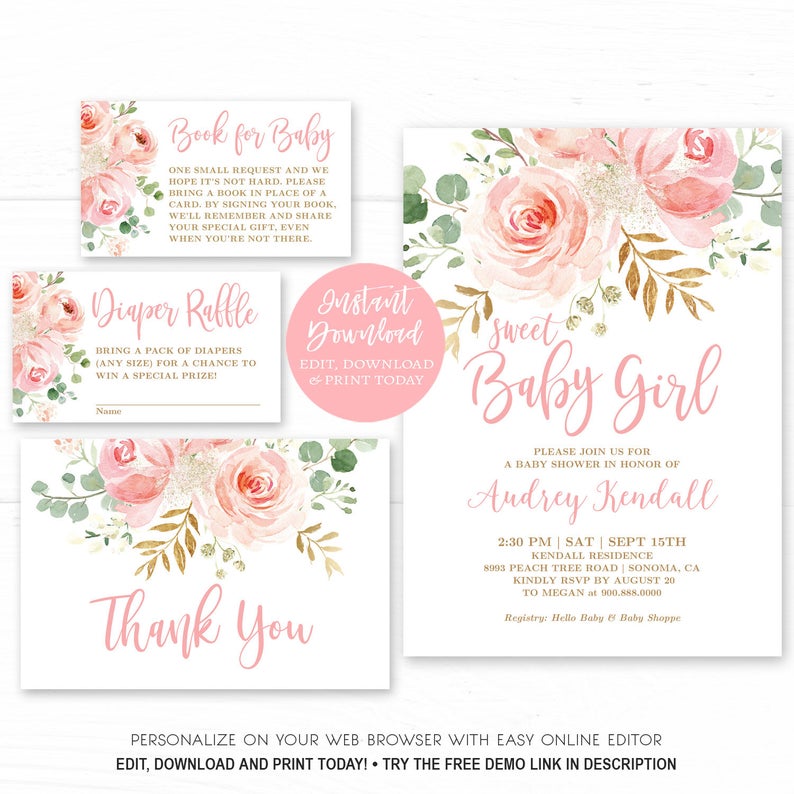 Blush Pink Baby Shower Invitation Girl, Template, EDITABLE, Printable Girl Baby Shower Invitation Bundle, Sweet Baby Girl, MCP820, CJB