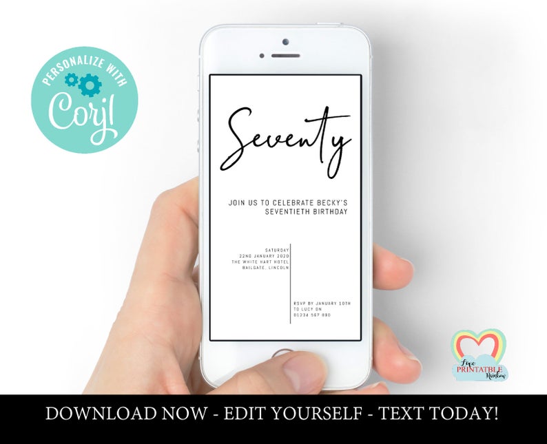 electronic seventy birthday Invitation template sms minimal 70 DIGITAL invite black editable text message 70th invite Instant download