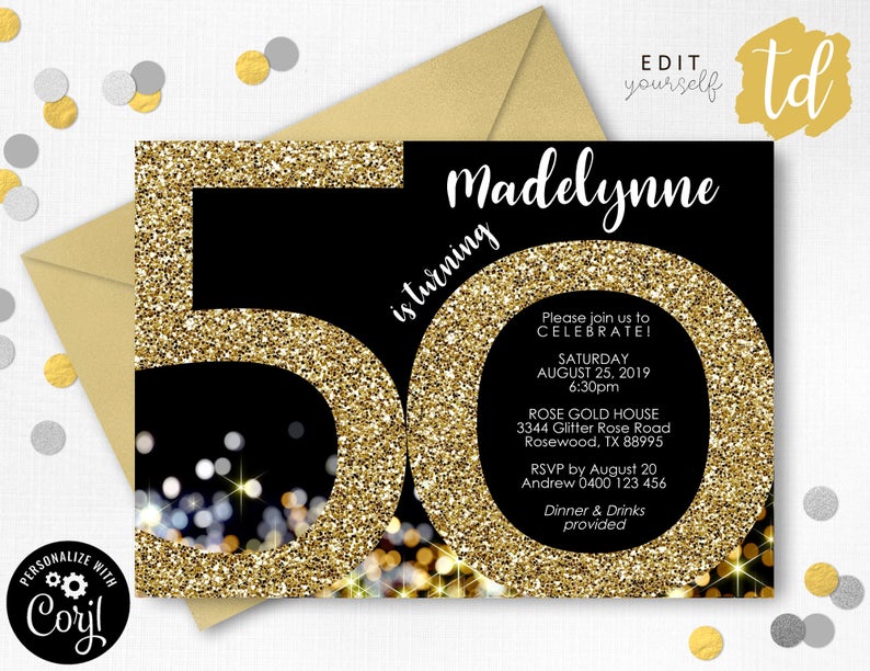 50th Birthday Invitation Instant Download Invitations Gold 50th Birthday Invitation Gold Glitter 50th Invitation Corjl Adult Invitation 50th