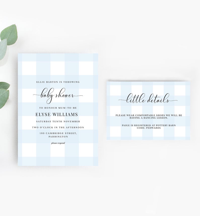 Blue and White Gingham Boy Baby Shower Printable Invitation – Printable Editable Corjl Template – Baby Boy Shower – Picnic Baby Shower