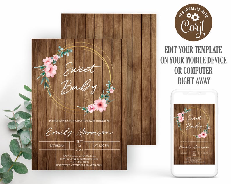 Rustic Baby Shower Invitation. Floral Baby Shower Invitation. Baby Shower Invitation Template. Rustic girl baby shower invitation