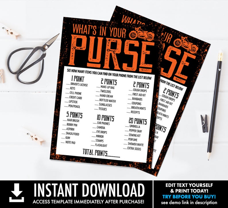 Motorcycle What’s in Your Purse Baby Shower Game – Born to Ride Shower, Boy Shower | Self-Edit with CORJL – INSTANT DOWNLOAD Printable