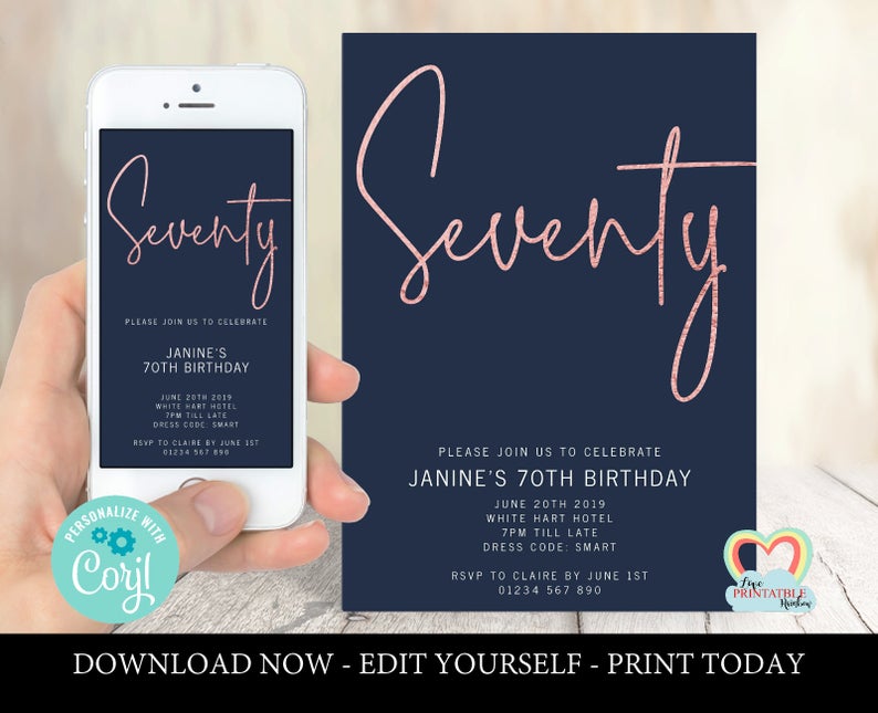 Printable 70th Birthday Invitation Navy Blue | Editable Template | 70 | seventy | 70th Birthday Invite | 70 sms Invite | Navy and Rose Gold
